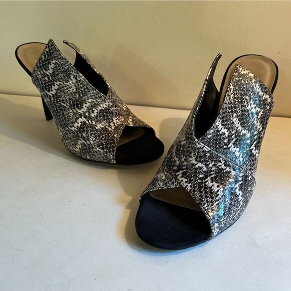 Trina Turk Laguna Leather Snake Print 1940s Style Heels Shoe Open Toe Women's 8 - Picture 1 of 9